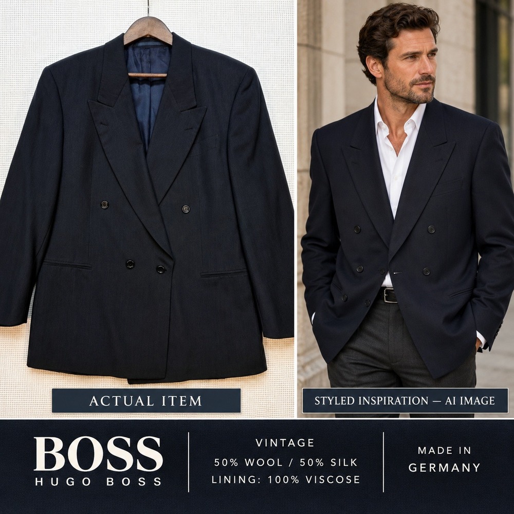 VTG Hugo Boss Double Breasted Blazer Germany Silk Wool Charcoal Grey Jacket 38R